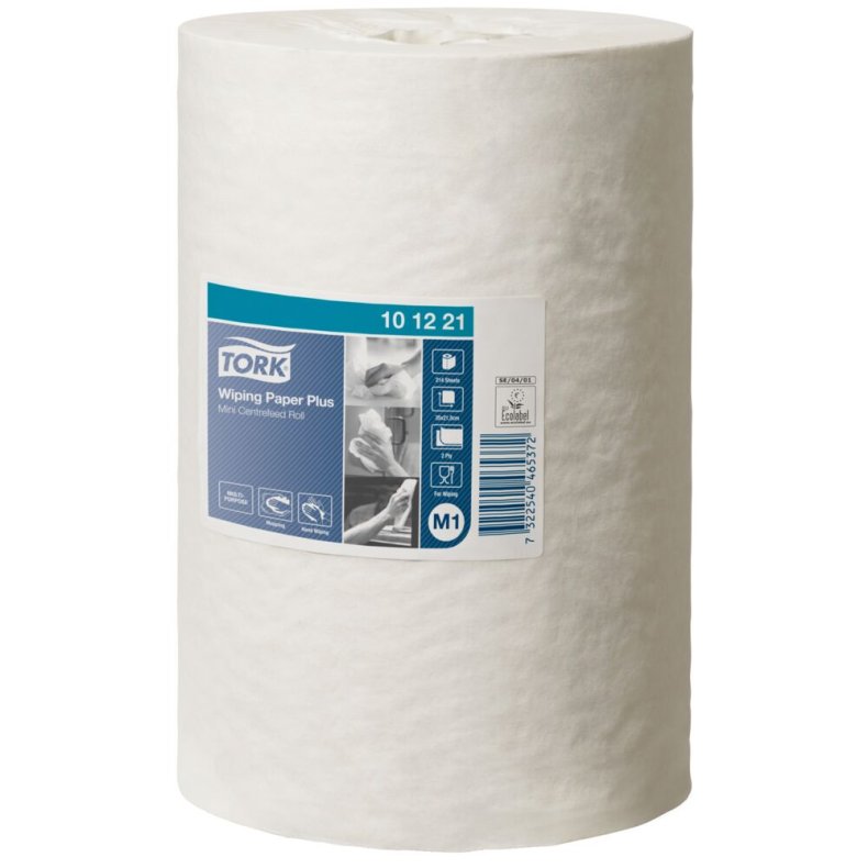 H�ndkl�derulle, Tork M1 Plus, 2-lags, Mini, 74,9m x 21,5cm, �14cm, hvid, blandingsfibre, uden hylse