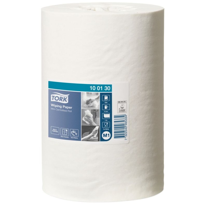 H�ndkl�derulle, Tork M1 Standard, 1-lags, Mini, 120m x 21,5cm, �14cm, hvid, blandingsfibre, uden hylse