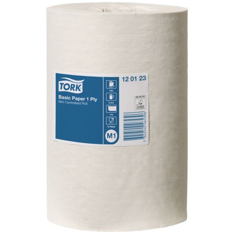 H�ndkl�derulle, Tork M1 Basic, 1-lags, Mini, 120m x 21,5cm, �14cm, hvid, genanvendt papir, uden hylse