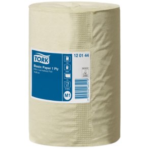H�ndkl�derulle, Tork M1 Basic, 1-lags, Mini, 115m x 20,5cm, �14cm, gul, genanvendt papir, uden hylse
