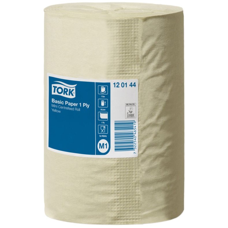 H�ndkl�derulle, Tork M1 Basic, 1-lags, Mini, 115m x 20,5cm, �14cm, gul, genanvendt papir, uden hylse