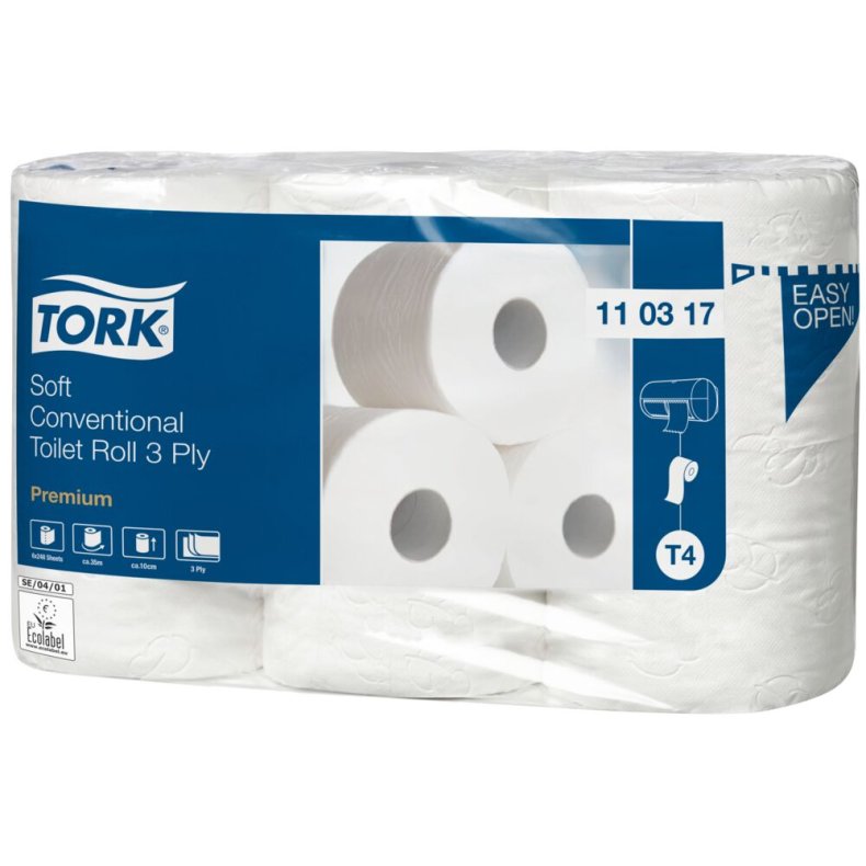 Toiletpapir, Tork T4 Premium, 3-lags, 34,7m x 9,9cm, �12cm, hvid, blandingsfibre