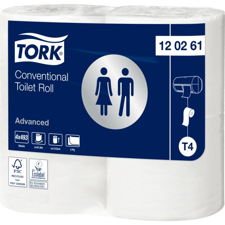 Toiletpapir, Tork T4 Advanced, 2-lags, 61,6m x 9,9cm, �12cm, hvid, genanvendt papir