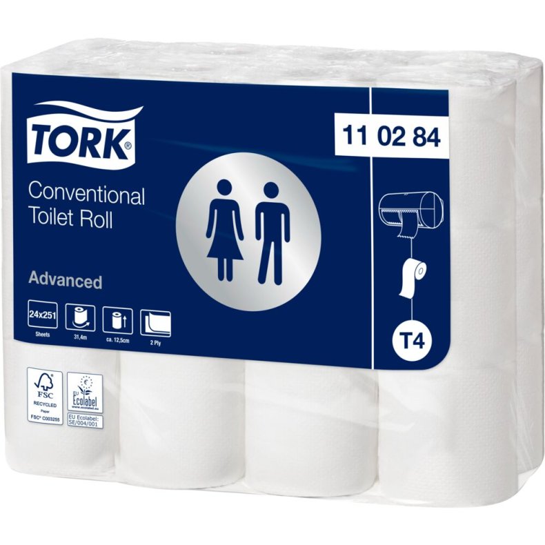 Toiletpapir, Tork T4 Advanced, 2-lags, 31,4m x 9,9cm, �10,4cm, hvid, blandingsfibre