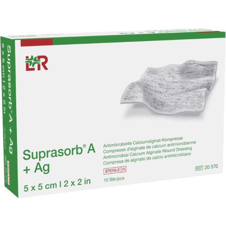 S�lvbandage, Suprasorb A+Ag, 5x5cm, kompres, uden kl�ber, steril, engangs *Denne vare tages ikke retur*