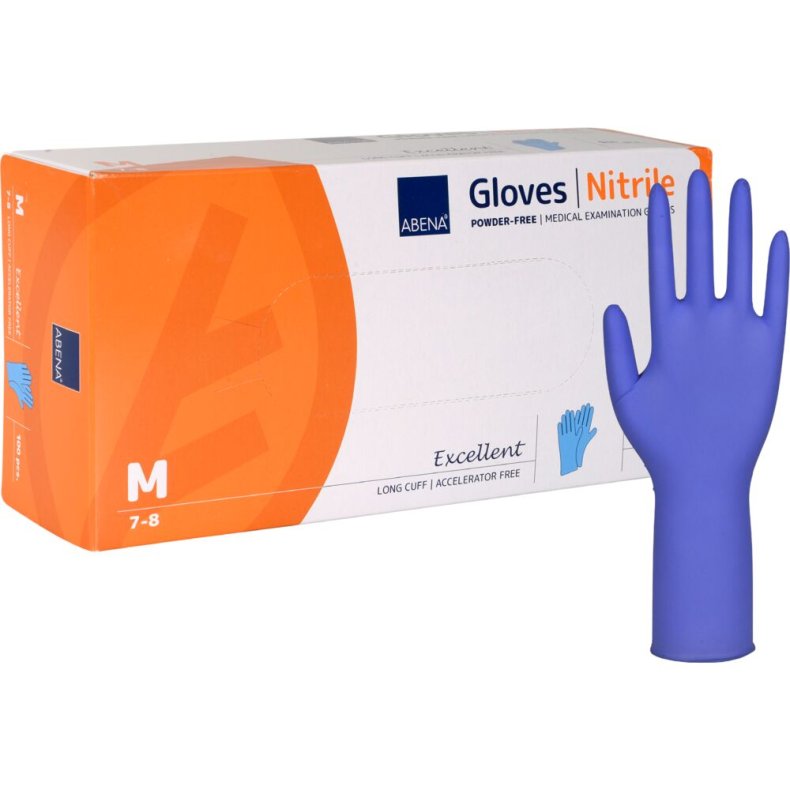 Lang unders�gelseshandske, ABENA Excellent, M, bl�, nitril, pudderfri, acceleratorfri