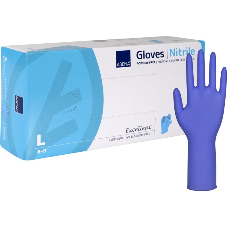 Lang unders�gelseshandske, ABENA Excellent, L, bl�, nitril, pudderfri, acceleratorfri