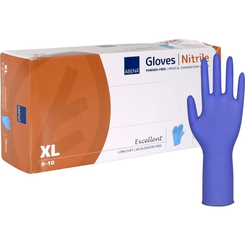 Lang unders�gelseshandske, ABENA Excellent, XL, bl�, nitril, pudderfri, acceleratorfri