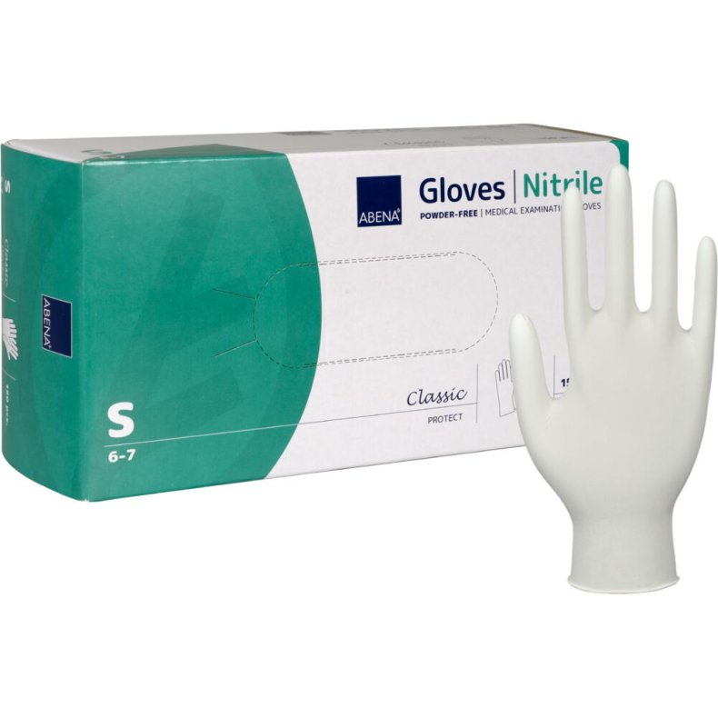 Unders�gelseshandske, ABENA Classic Protect, S, hvid, nitril, pudderfri
