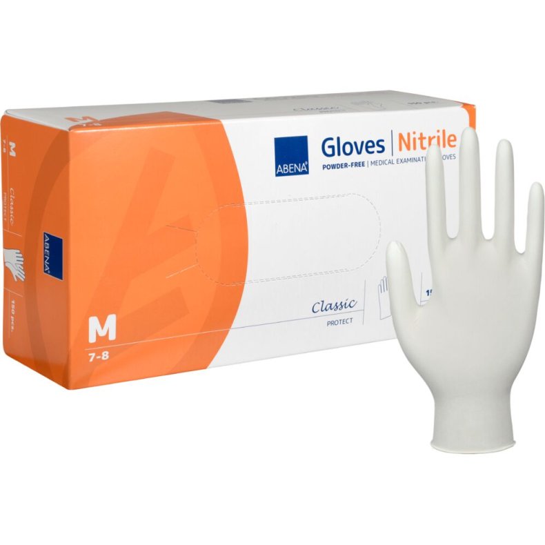 Unders�gelseshandske, ABENA Classic Protect, M, hvid, nitril, pudderfri