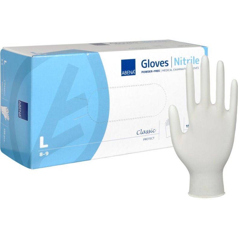 Unders�gelseshandske, ABENA Classic Protect, L, hvid, nitril, pudderfri