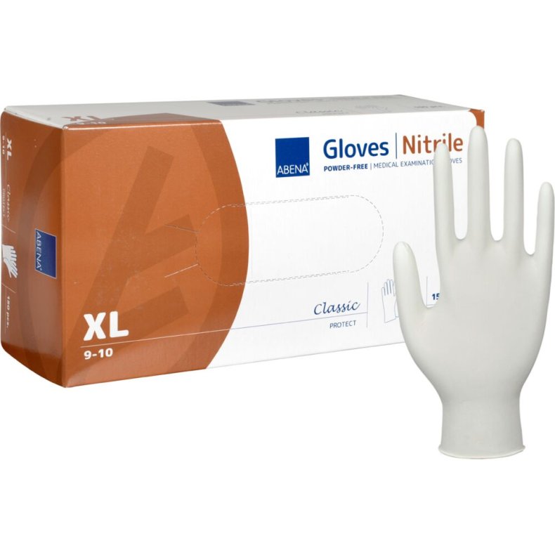 Unders�gelseshandske, ABENA Classic Protect, XL, hvid, nitril, pudderfri