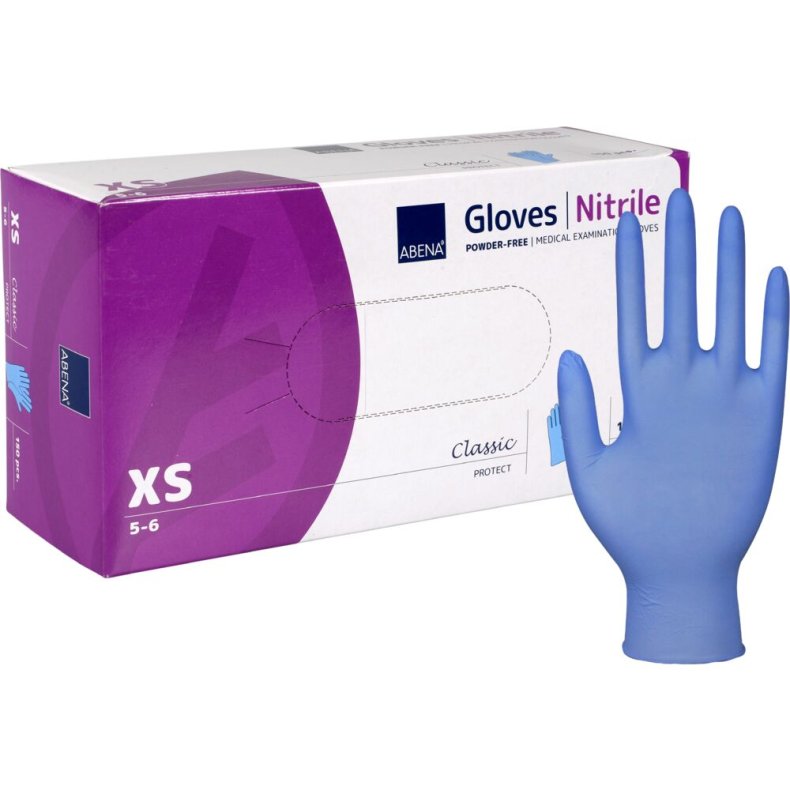 Unders�gelseshandske, ABENA Classic, XS, bl�, nitril, pudderfri