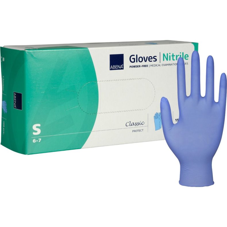 Unders�gelseshandske, ABENA Classic, S, bl�, nitril, pudderfri