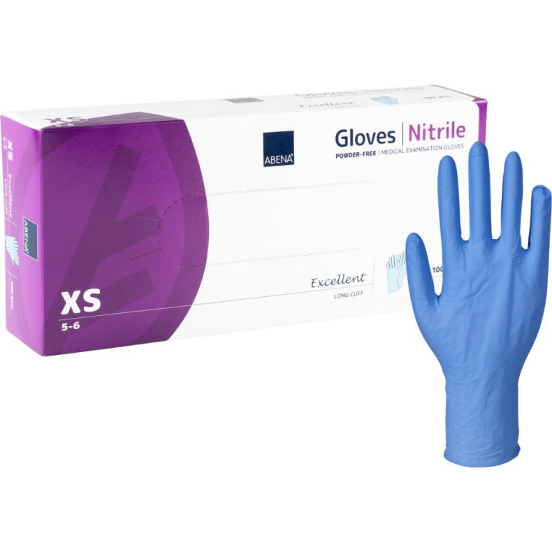 Lang unders�gelseshandske, ABENA Excellent, XS, bl�, nitril, pudderfri