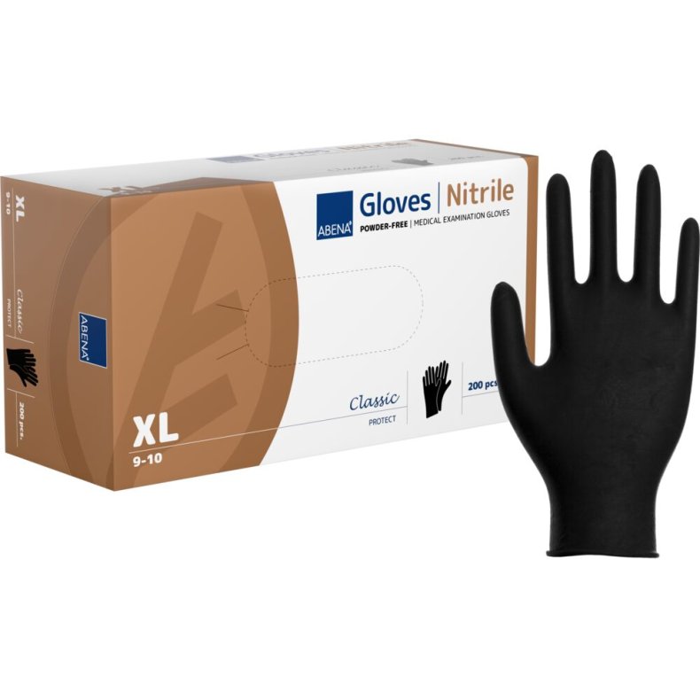 Unders�gelseshandske, ABENA Classic Protect, XL, sort, nitril, pudderfri
