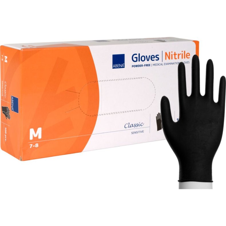 Unders�gelseshandske, ABENA Classic Sensitive, M, sort, nitril, pudderfri