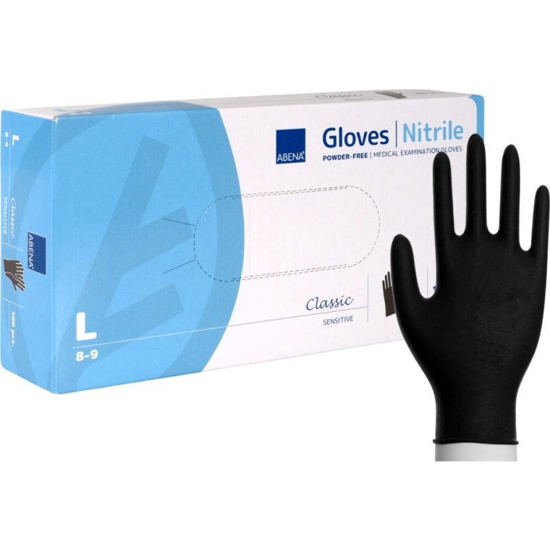 Unders�gelseshandske, ABENA Classic Sensitive, L, sort, nitril, pudderfri