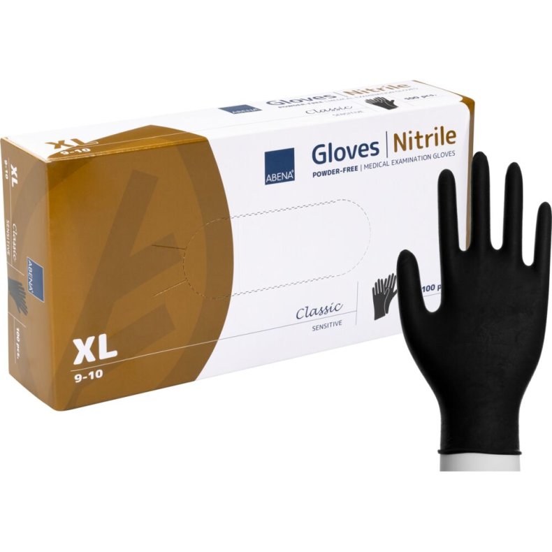 Unders�gelseshandske, ABENA Classic Sensitive, XL, sort, nitril, pudderfri