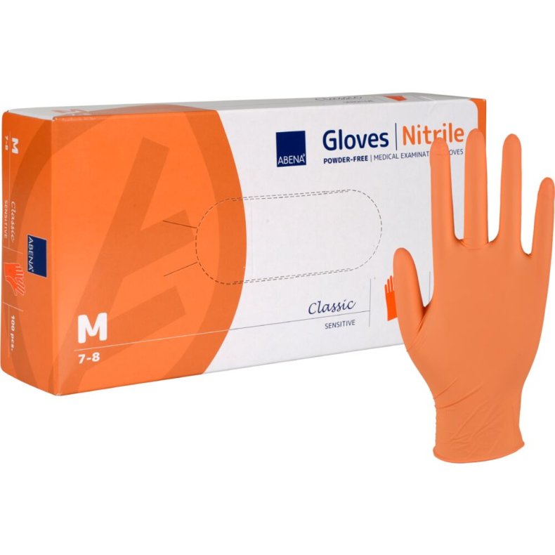 Unders�gelseshandske, ABENA Classic Sensitive, M, orange, nitril, pudderfri