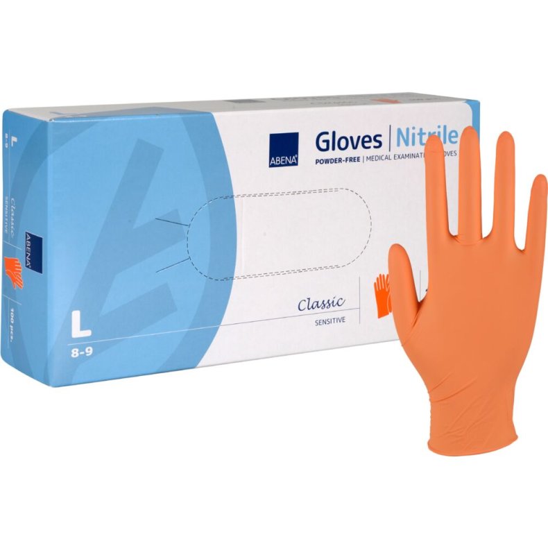 Unders�gelseshandske, ABENA Classic Sensitive, L, orange, nitril, pudderfri