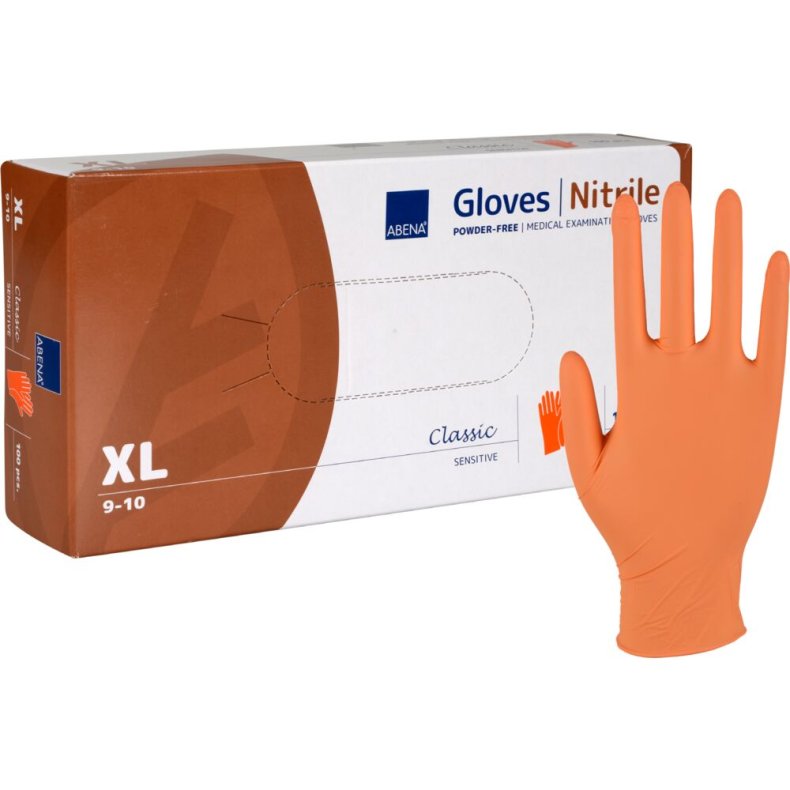 Unders�gelseshandske, ABENA Classic Sensitive, XL, orange, nitril, pudderfri