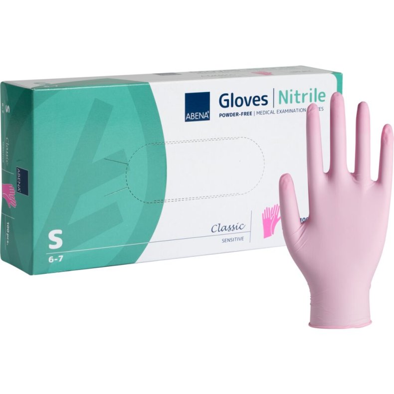 Unders�gelseshandske, ABENA Classic Sensitive, S, pink, nitril, pudderfri