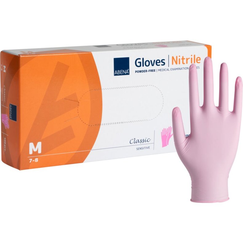 Unders�gelseshandske, ABENA Classic Sensitive, M, pink, nitril, pudderfri