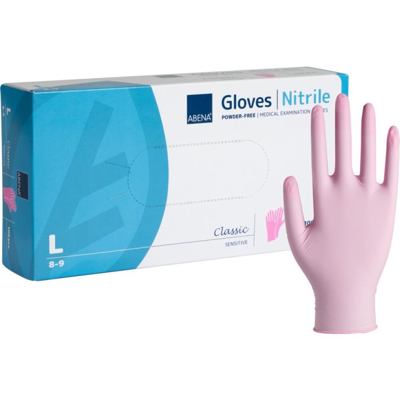 Unders�gelseshandske, ABENA Classic Sensitive, L, pink, nitril, pudderfri