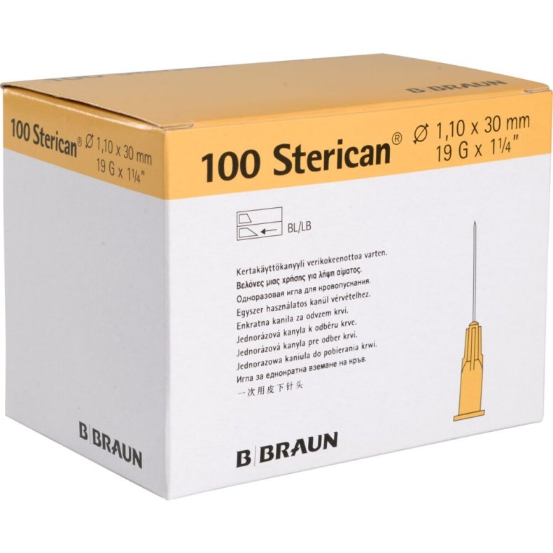 Kanyle, Sterican, hvid, 19G, 1 1/4", 1,1x30mm, langt slib, steril *Denne vare tages ikke retur*