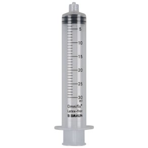 Spr�jte, Omnifix Solo, 30 ml, transparent, luer lock, centreret, 3 komponent, steril *Denne vare tages ikke retur*