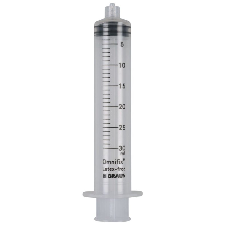 Spr�jte, Omnifix Solo, 30 ml, transparent, luer lock, centreret, 3 komponent, steril *Denne vare tages ikke retur*