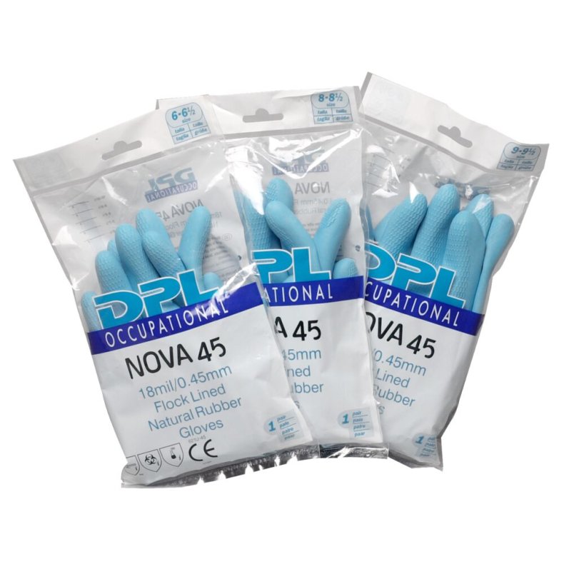 Latexhandske, DPL Nova 45, 10-10.5, bl�, latex, indvendig velourisering