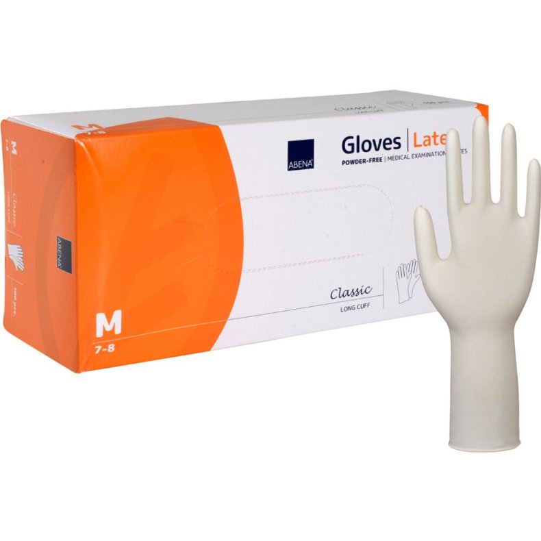 Lang unders�gelseshandske, ABENA Classic, M, nature, latex, pudderfri