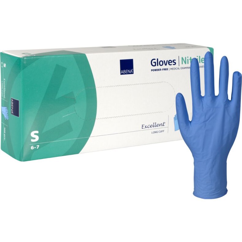 Lang unders�gelseshandske, ABENA Excellent, S, bl�, nitril, pudderfri