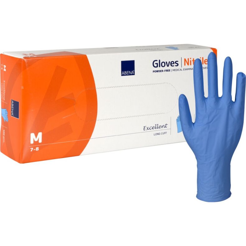 Lang unders�gelseshandske, ABENA Excellent, M, bl�, nitril, pudderfri