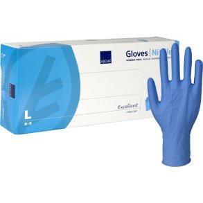 Unders�gelseshandske, lang, ABENA Excellent, L, bl�, nitril, pudderfri