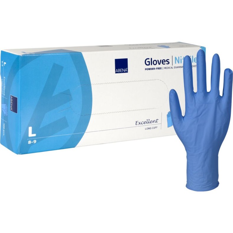 Lang unders�gelseshandske, ABENA Excellent, L, bl�, nitril, pudderfri