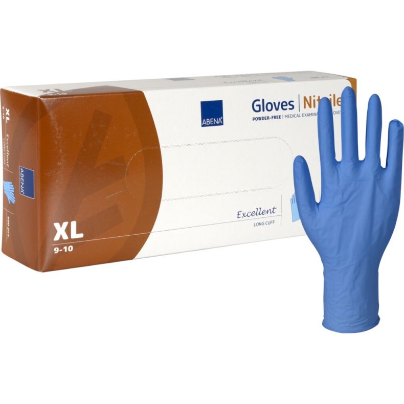 Lang unders�gelseshandske, ABENA Excellent, XL, bl�, nitril, pudderfri