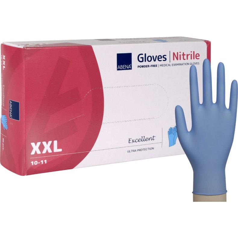 Unders�gelseshandske, ABENA Excellent, XXL, bl�, nitril, pudderfri