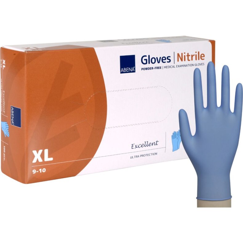 Unders�gelseshandske, ABENA Excellent, XL, bl�, nitril, pudderfri
