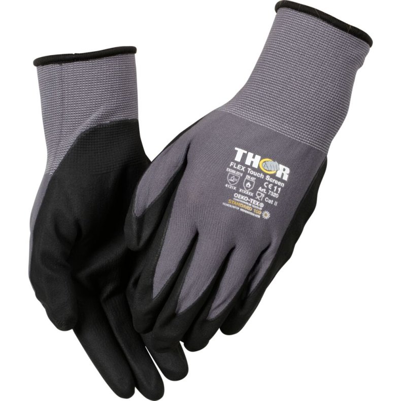 Nitrilhandske, fingerdyppet, THOR Flex, 11, sort, nitril/polyester, Spandex overh�nd