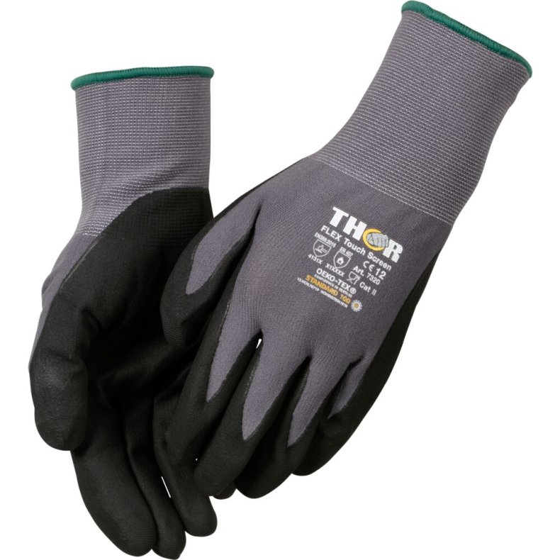 Nitrilhandske, fingerdyppet, THOR Flex, 12, sort, nitril/polyester, Spandex overh�nd