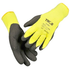 Latexhandske, halvdyppet, THOR Grip Termo, 8, sort, latex/polyester, med gul ribkant