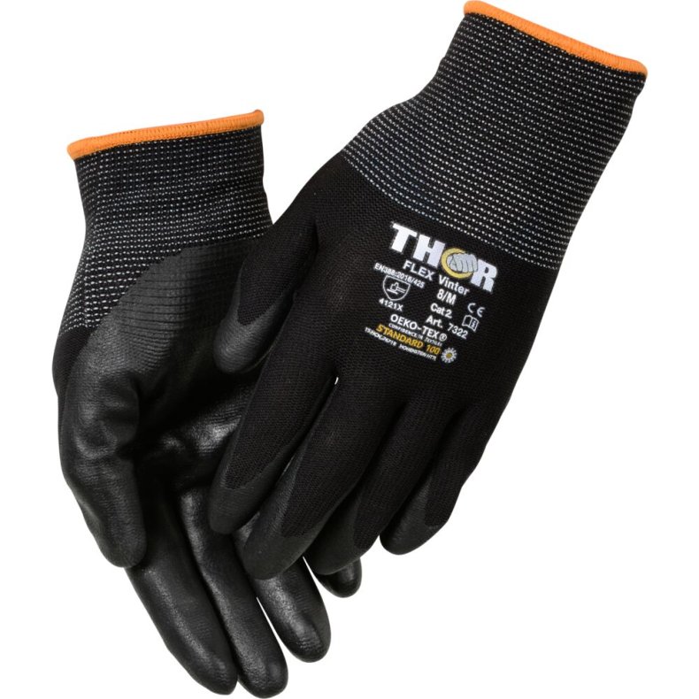 Nitrilhandske, halvdyppet, THOR Flex Vinter, 8, sort, nitril/nylon, ribkant
