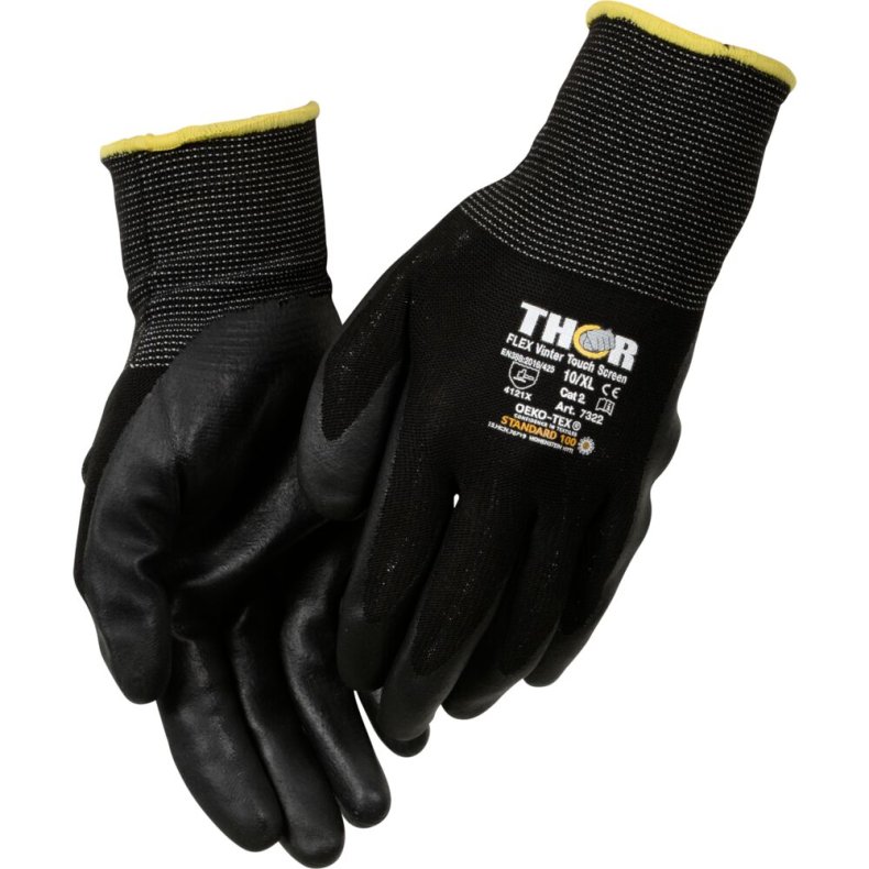 Nitrilhandske, halvdyppet, THOR Flex Vinter, 10, sort, nitril/nylon, ribkant, touch screen