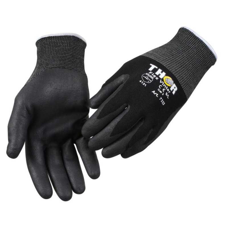 Nitrilhandske, halvdyppet, THOR Flex Vinter, 11, sort, nitril/nylon, ribkant