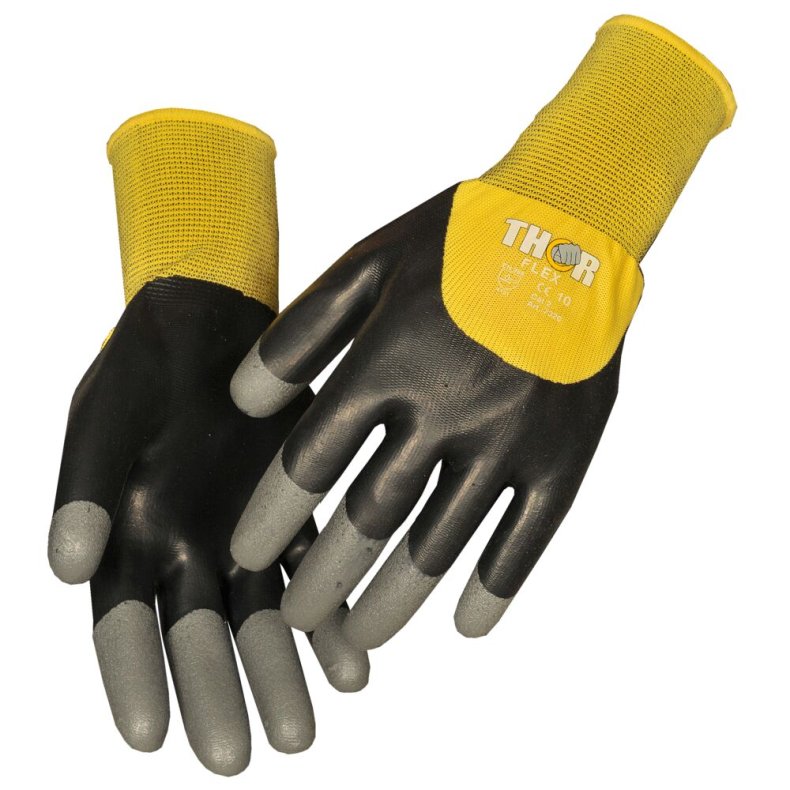Latexhandske, halvdyppet, THOR Flex Dry, 11, sort, latex/nitril/polyester, med gul ribkant