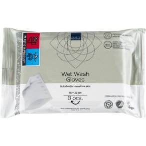 V�dvaskehandske, ABENA, halv-fold, 22x15cm, uden farve og parfume, 8 stk.,vask uden vand, engangs