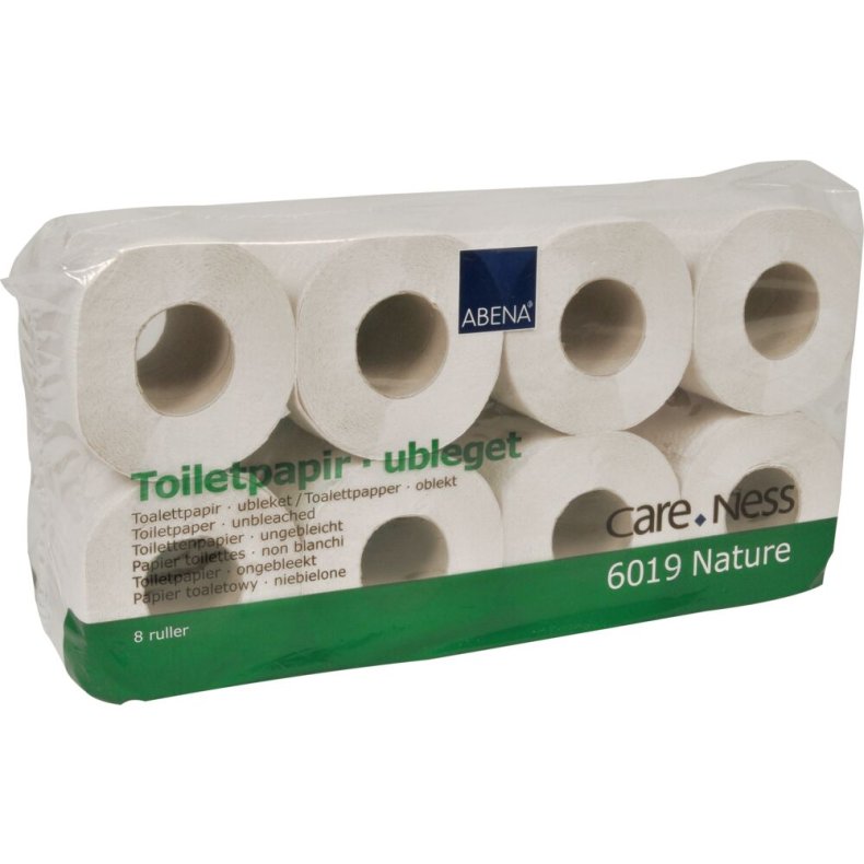Toiletpapir, ABENA Care-Ness Basic, 2-lags, 31,25m x 9,6cm, �11,5cm, ubleget, genanvendt papir